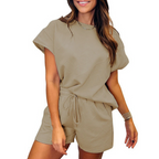 Women's Solid Textured Casual Short Sleeve Top Drawstring Shorts Set