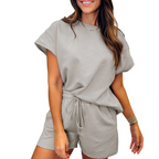 Women's Solid Textured Casual Short Sleeve Top Drawstring Shorts Set