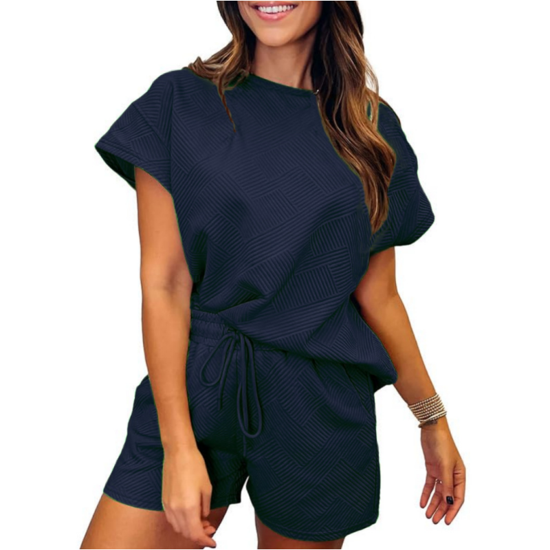 Women's Solid Textured Casual Short Sleeve Top Drawstring Shorts Set