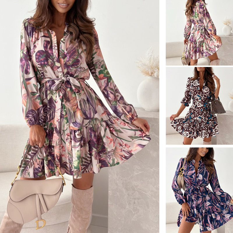 💖Hot Sale 50% OFF🌸Floral Pattern Waist-Cinching Ruffled Shirt Dress