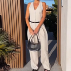 🩷Women's halter neck jumpsuit with deep V-neck and wide legs🌸