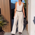 🩷Women's halter neck jumpsuit with deep V-neck and wide legs🌸