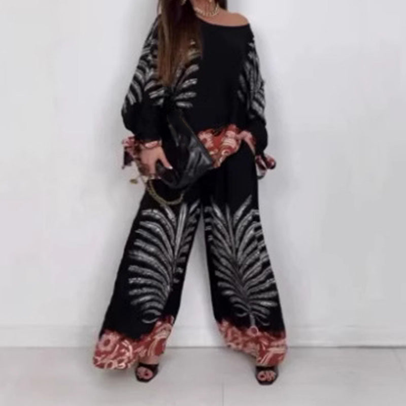 💖Limited Sale 50% OFF💖Women's Elegant Ethnic Style Printed Top Wide Leg Pants Set