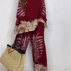 💖Limited Sale 50% OFF💖Women's Elegant Ethnic Style Printed Top Wide Leg Pants Set