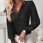 💃Sexy V - Neck Solid Color Hollow Long Sleeve Top for Women