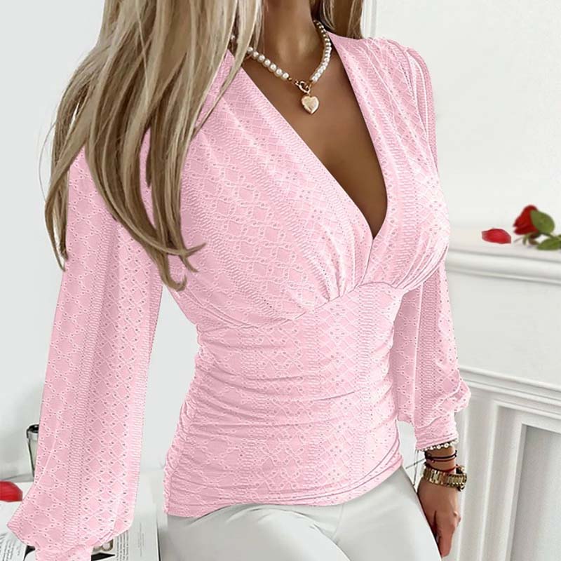💃Sexy V - Neck Solid Color Hollow Long Sleeve Top for Women