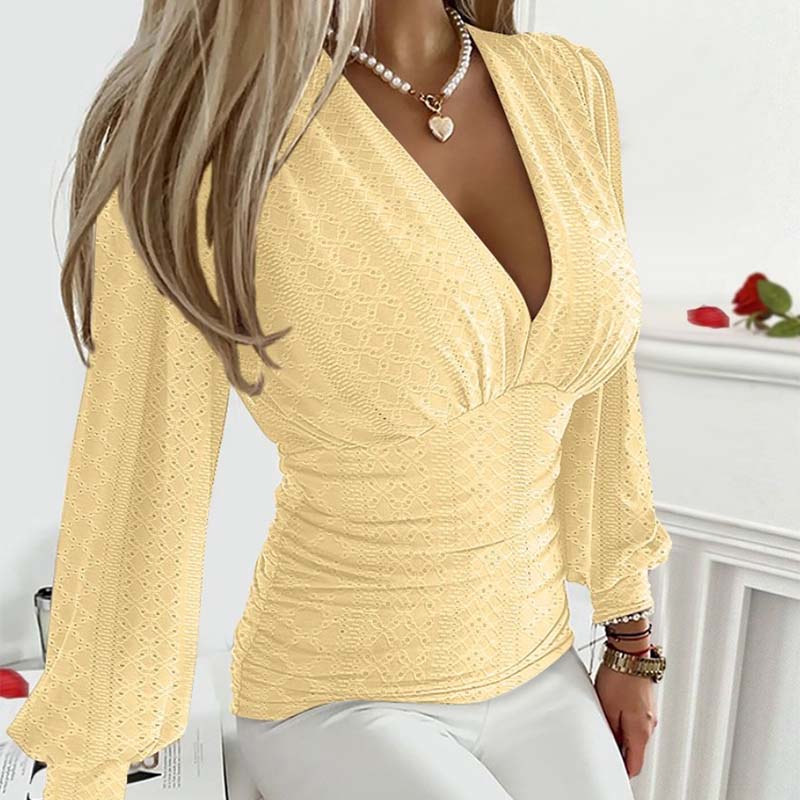 💃Sexy V - Neck Solid Color Hollow Long Sleeve Top for Women