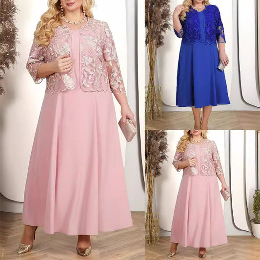 👑 Haute Couture luxury|Lace embroidered jacket × satin solid evening dress set