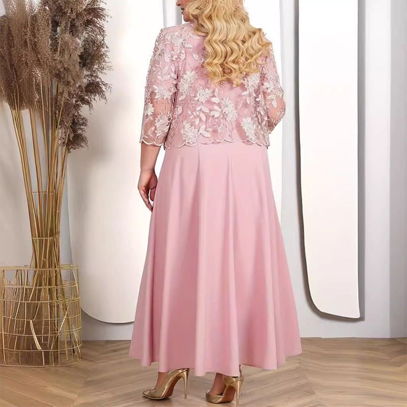 👑 Haute Couture luxury|Lace embroidered jacket × satin solid evening dress set