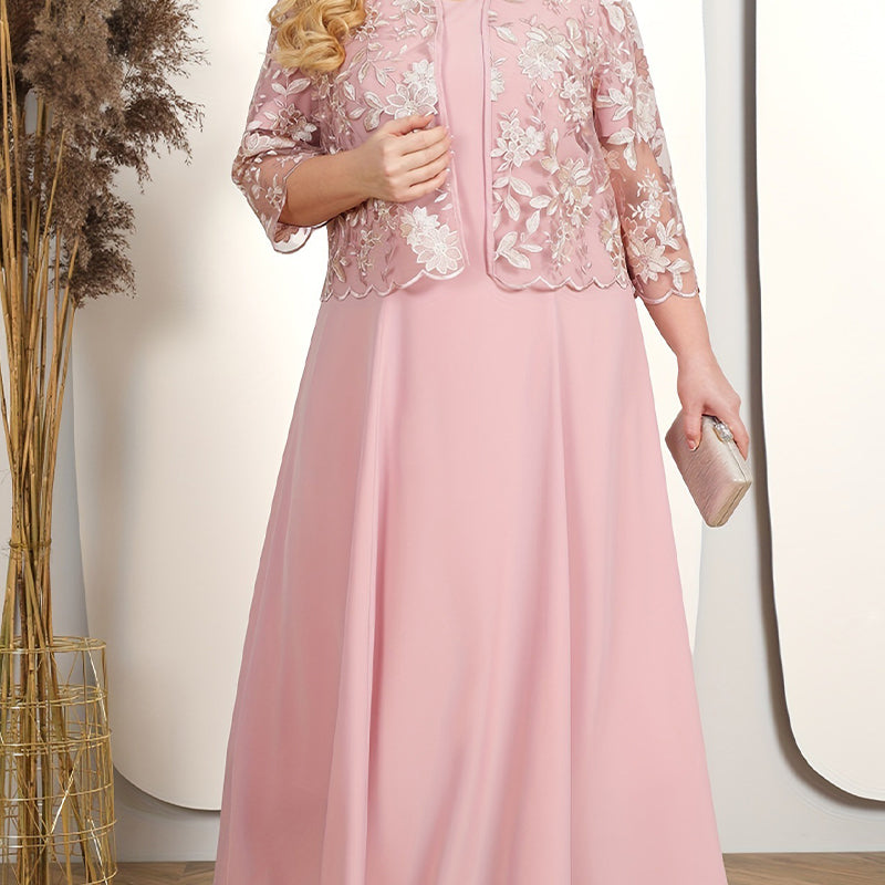 👑 Haute Couture luxury|Lace embroidered jacket × satin solid evening dress set