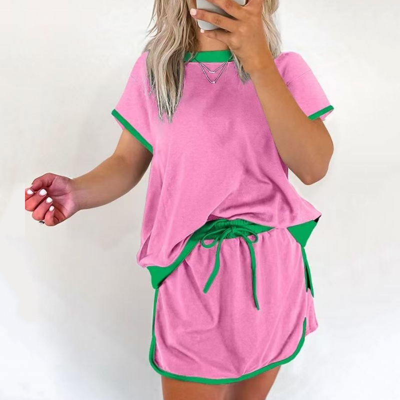 ✨50% OFF！ Effortlessly rejuvenated girly 💖 color-blocked short-sleeved top + shorts set (women's). 👗