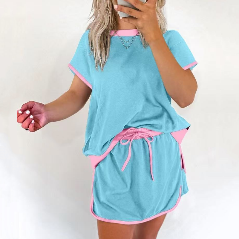 ✨50% OFF！ Effortlessly rejuvenated girly 💖 color-blocked short-sleeved top + shorts set (women's). 👗