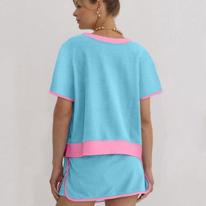 ✨50% OFF！ Effortlessly rejuvenated girly 💖 color-blocked short-sleeved top + shorts set (women's). 👗