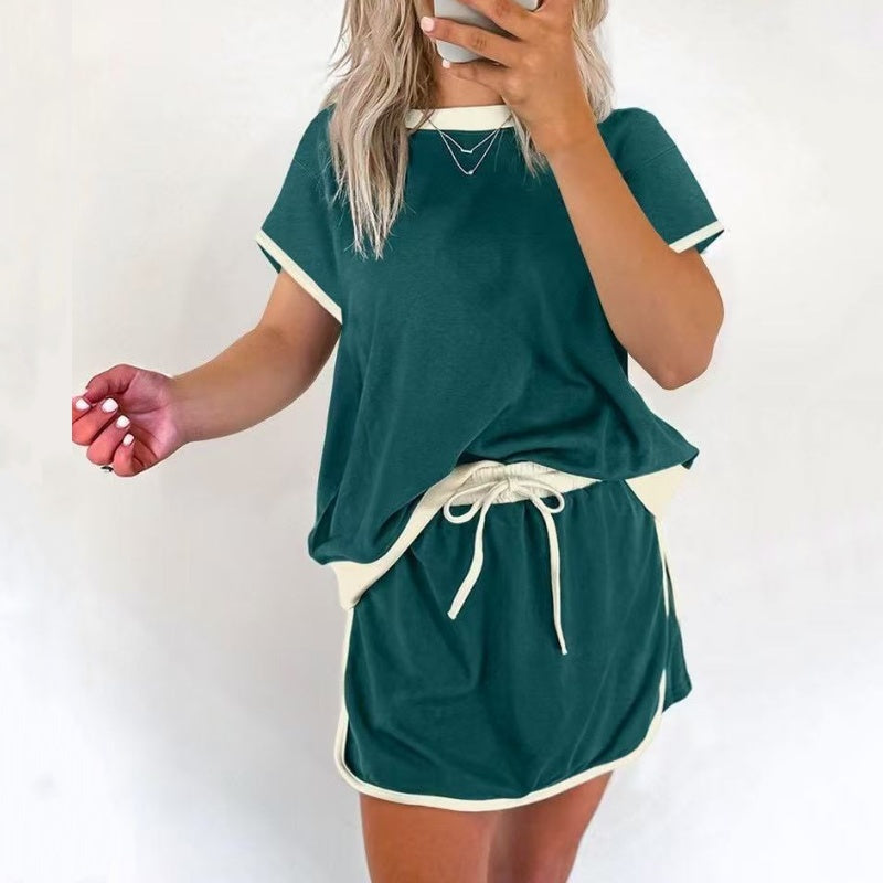 ✨50% OFF！ Effortlessly rejuvenated girly 💖 color-blocked short-sleeved top + shorts set (women's). 👗
