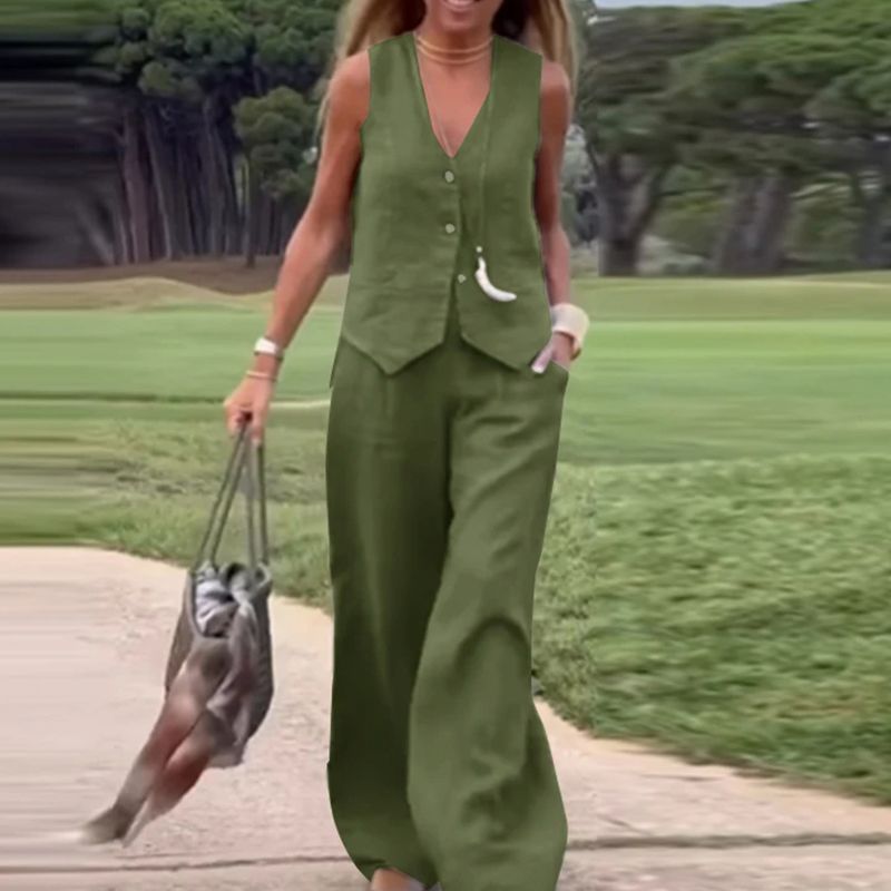 Limited Time Offer 65%💕 Two-piece set 👖✨ of wide-leg trousers in a solid breasted vest