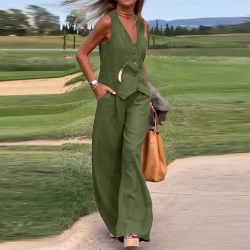 Limited Time Offer 65%💕 Two-piece set 👖✨ of wide-leg trousers in a solid breasted vest