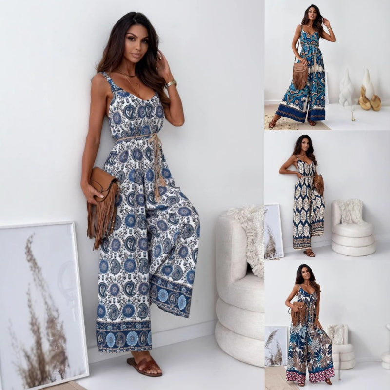 👗 Women's trend-printed open-back jumpsuit|tassel belt design, unlocking the sense of ✨ chic vibe