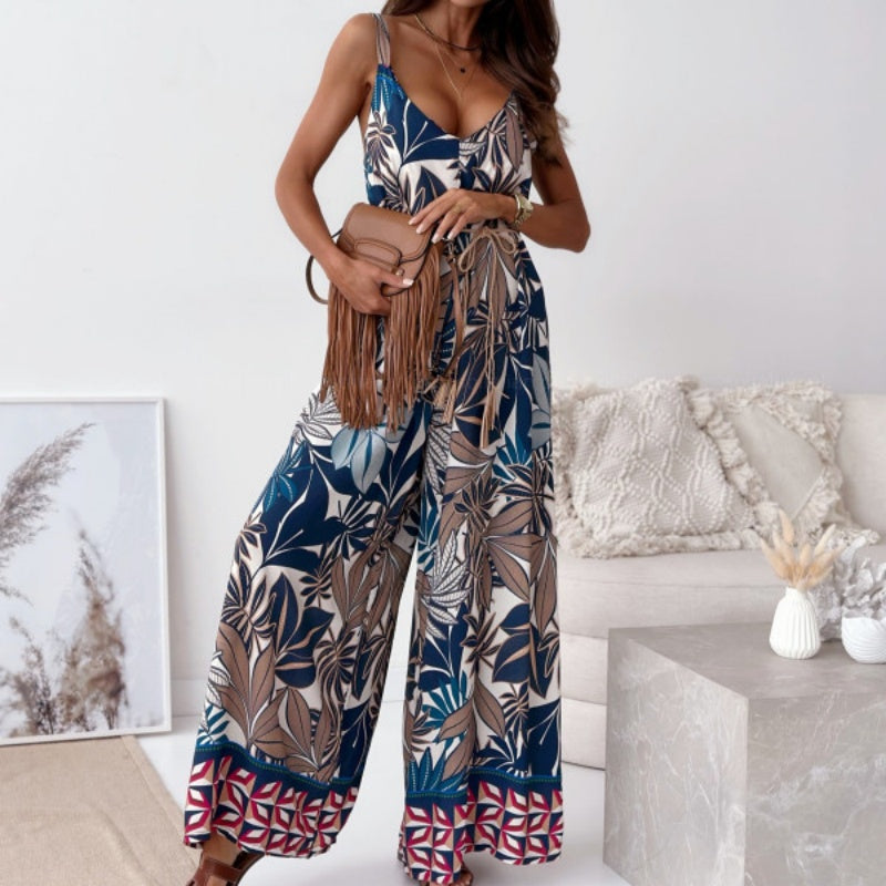 👗 Women's trend-printed open-back jumpsuit|tassel belt design, unlocking the sense of ✨ chic vibe