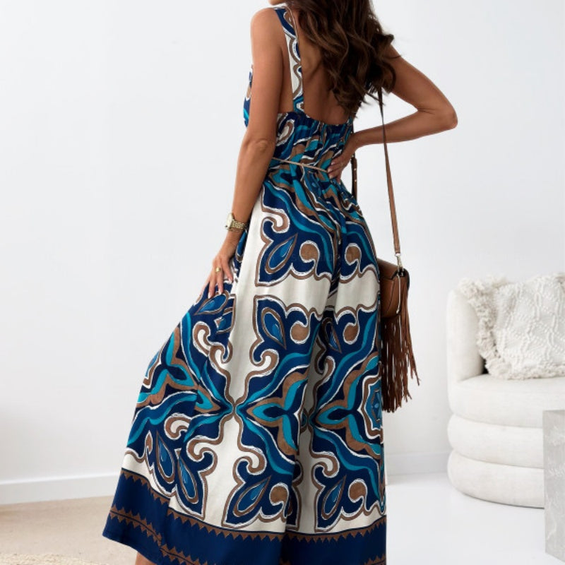 👗 Women's trend-printed open-back jumpsuit|tassel belt design, unlocking the sense of ✨ chic vibe