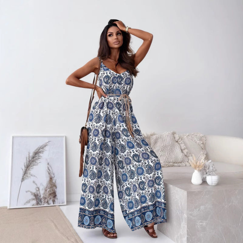 👗 Women's trend-printed open-back jumpsuit|tassel belt design, unlocking the sense of ✨ chic vibe