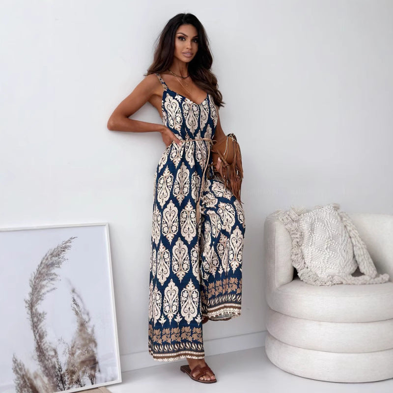 👗 Women's trend-printed open-back jumpsuit|tassel belt design, unlocking the sense of ✨ chic vibe