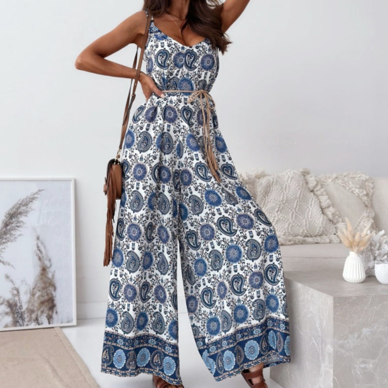 👗 Women's trend-printed open-back jumpsuit|tassel belt design, unlocking the sense of ✨ chic vibe