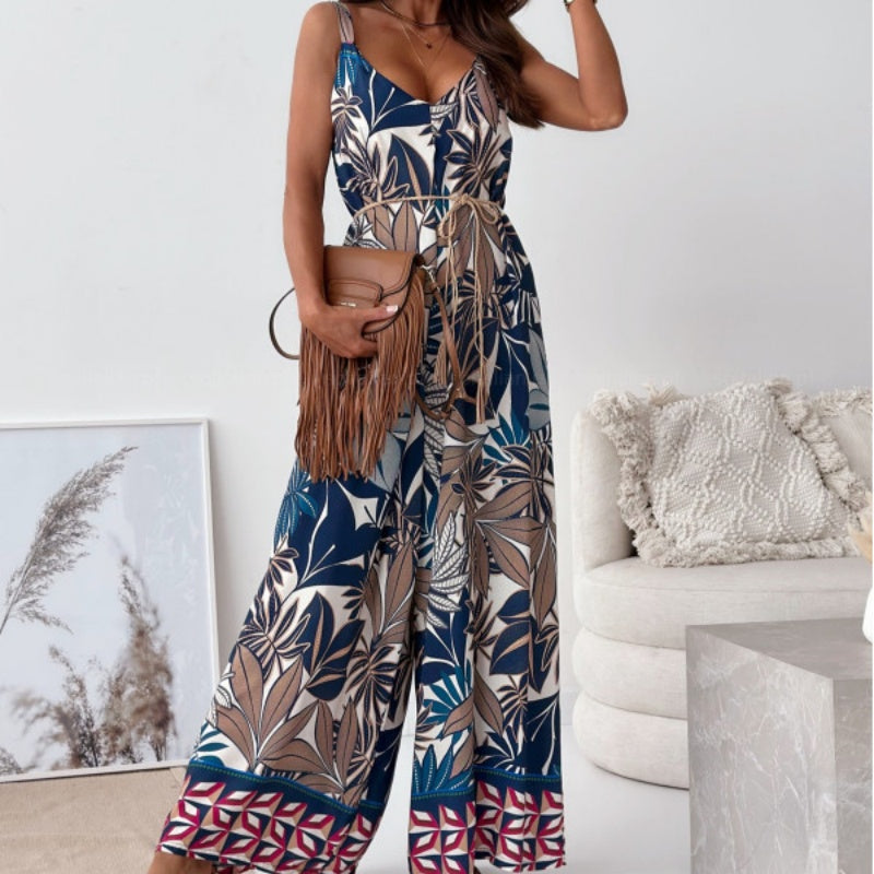 👗 Women's trend-printed open-back jumpsuit|tassel belt design, unlocking the sense of ✨ chic vibe