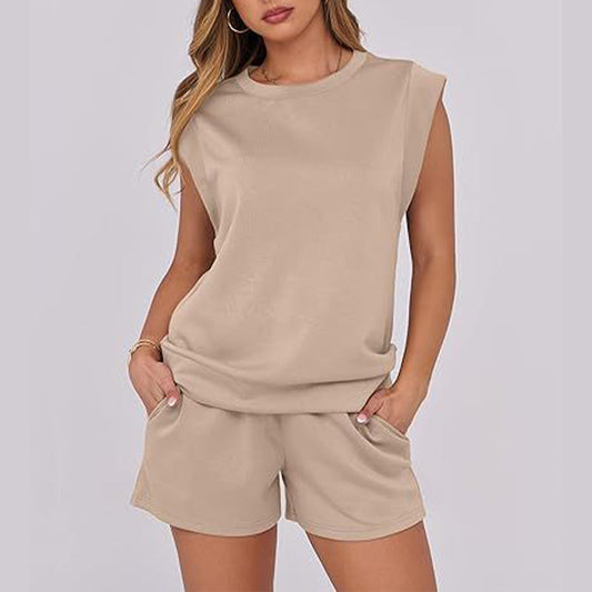 2-teiliges Set mit Oberteil mit Flügelärmeln und Rundhalsausschnitt und Shorts mit Kordelzug für Damen