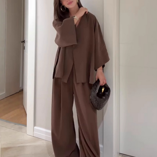 👗Women’s V - Neck Top & Wide - Leg Set | Elegant Chic with Flowy Silhouette