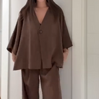 👗Women’s V - Neck Top & Wide - Leg Set | Elegant Chic with Flowy Silhouette