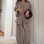 👗Women’s V - Neck Top & Wide - Leg Set | Elegant Chic with Flowy Silhouette