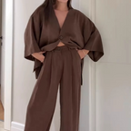 👗Women’s V - Neck Top & Wide - Leg Set | Elegant Chic with Flowy Silhouette