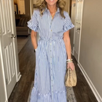 🌞Summer Sale👗Cool Breathable Blue & White Striped Ruffled Tie Dress