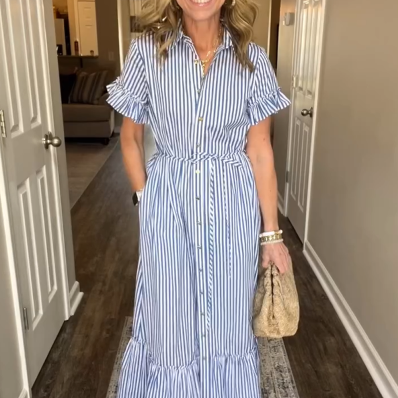 🌞Summer Sale👗Cool Breathable Blue & White Striped Ruffled Tie Dress