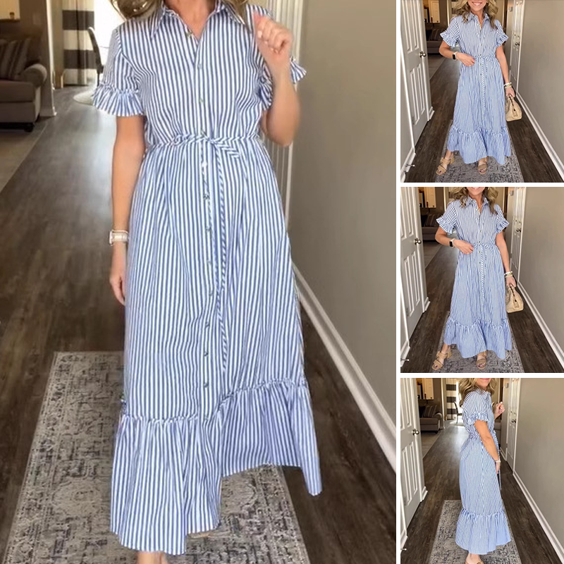 🌞Summer Sale👗Cool Breathable Blue & White Striped Ruffled Tie Dress