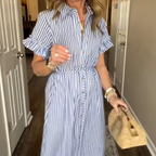 🌞Summer Sale👗Cool Breathable Blue & White Striped Ruffled Tie Dress