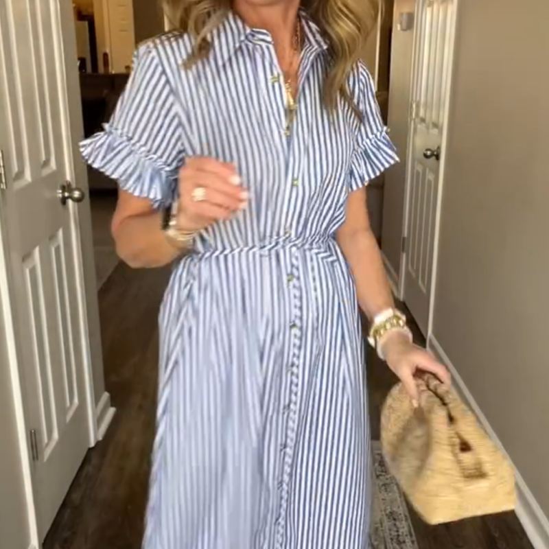 🌞Summer Sale👗Cool Breathable Blue & White Striped Ruffled Tie Dress