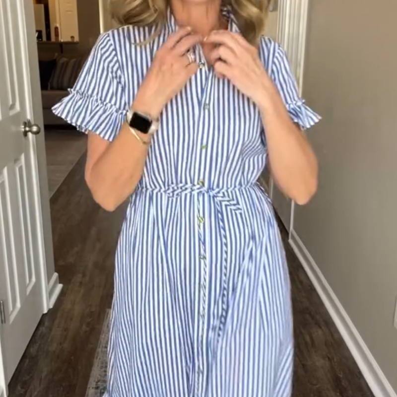 🌞Summer Sale👗Cool Breathable Blue & White Striped Ruffled Tie Dress