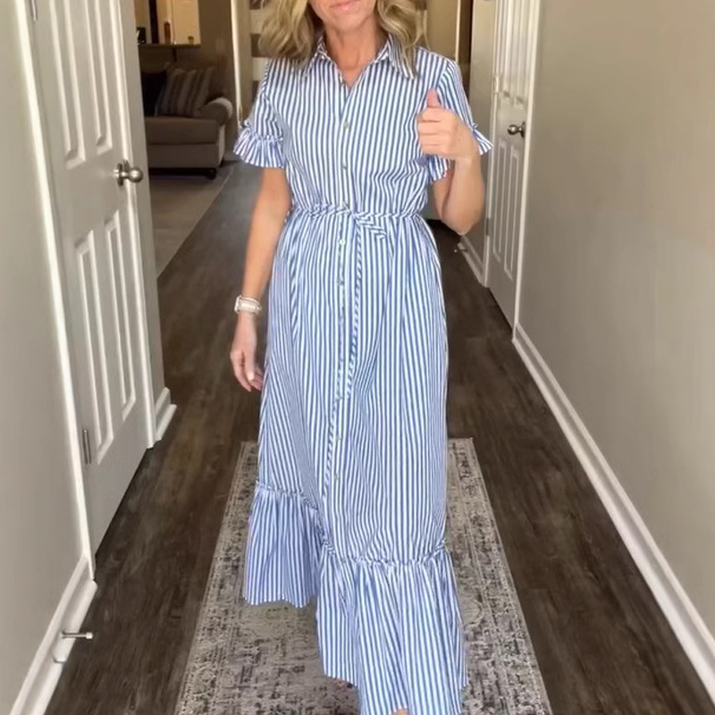 🌞Summer Sale👗Cool Breathable Blue & White Striped Ruffled Tie Dress