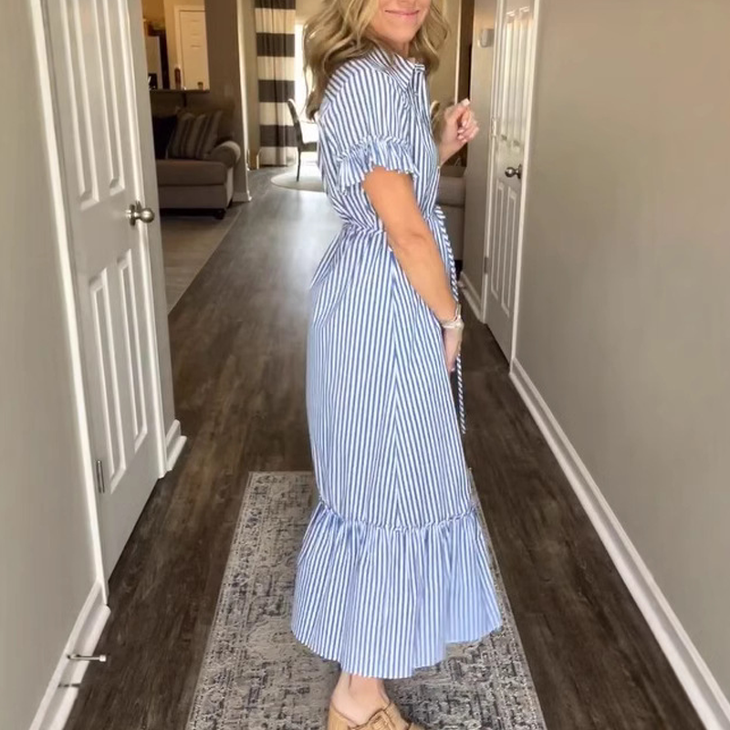 🌞Summer Sale👗Cool Breathable Blue & White Striped Ruffled Tie Dress