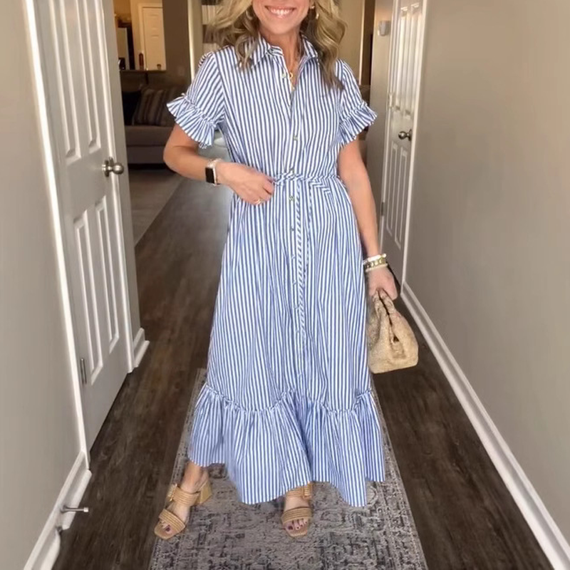 🌞Summer Sale👗Cool Breathable Blue & White Striped Ruffled Tie Dress