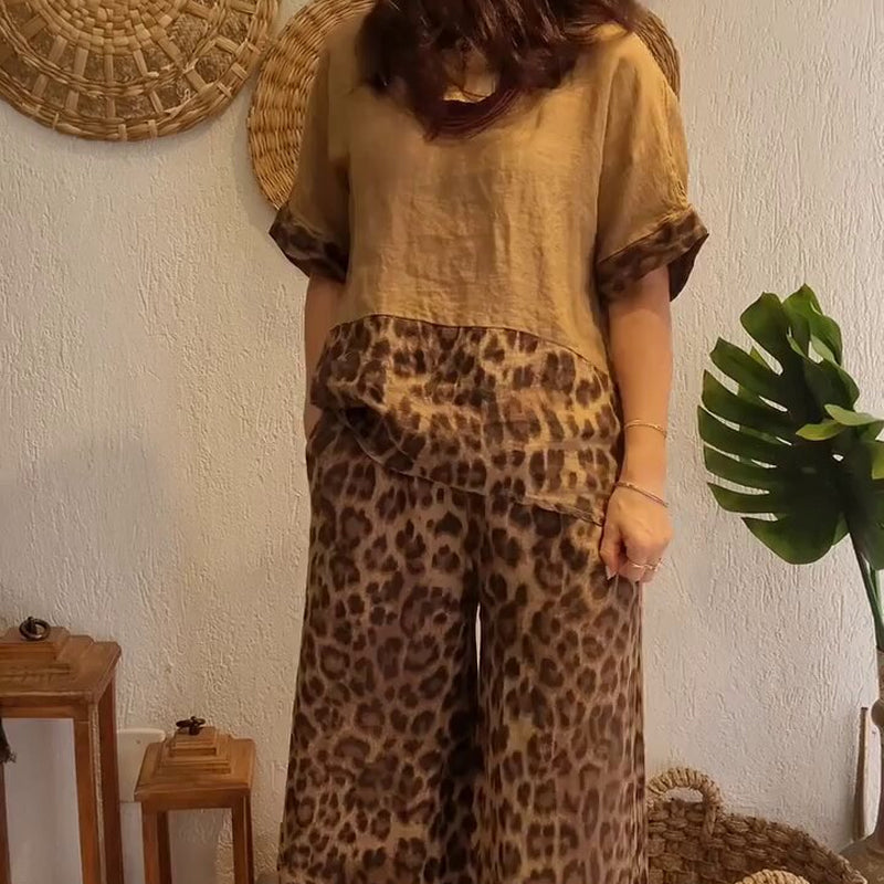 Stitched short-sleeved + wide-leg pants set 👖|Street art sense 🎨 of color block collision