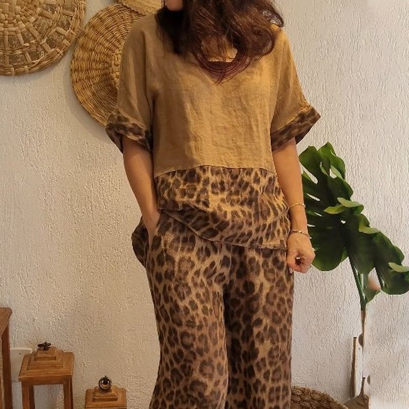 Stitched short-sleeved + wide-leg pants set 👖|Street art sense 🎨 of color block collision