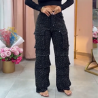 💎Women's Rhinestone Wide - Leg Pants with Pockets | Sparkle & Style