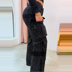 💎Women's Rhinestone Wide - Leg Pants with Pockets | Sparkle & Style
