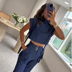 “🔥 Trendy Fit! Women's High - Neck Crop Top + High - Waist 3/4 Pants Set – Chic & Comfy”