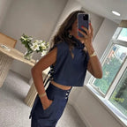 “🔥 Trendy Fit! Women's High - Neck Crop Top + High - Waist 3/4 Pants Set – Chic & Comfy”