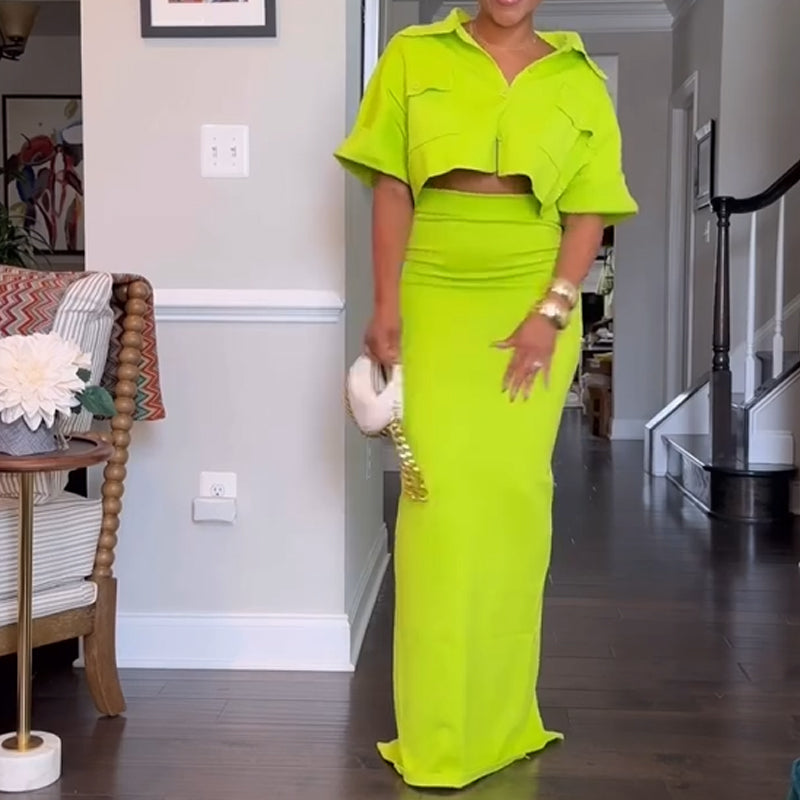 Cropped top + maxi skirt two-piece set 👗|High-waisted cut shows 30% ✨ leg length