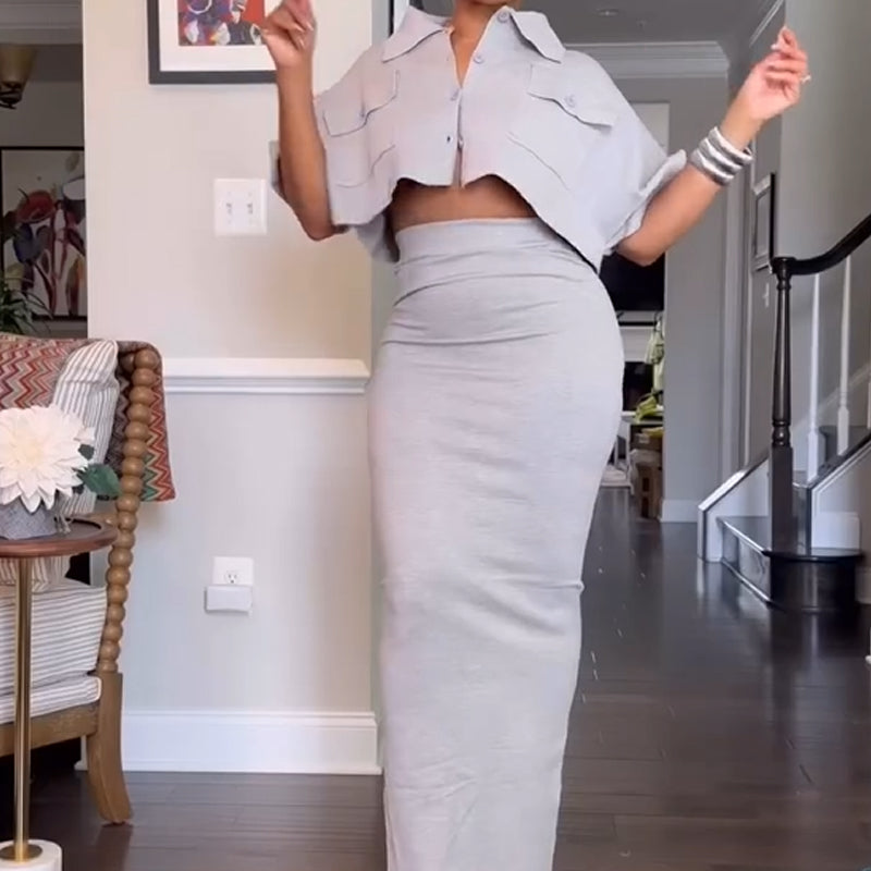 Cropped top + maxi skirt two-piece set 👗|High-waisted cut shows 30% ✨ leg length