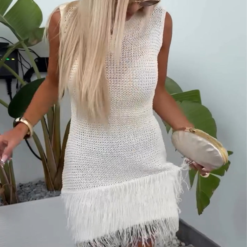 ☕ Baggy sleeveless skirt Sheer knit Fringed hem Fit brunch / Broken code clearance63%